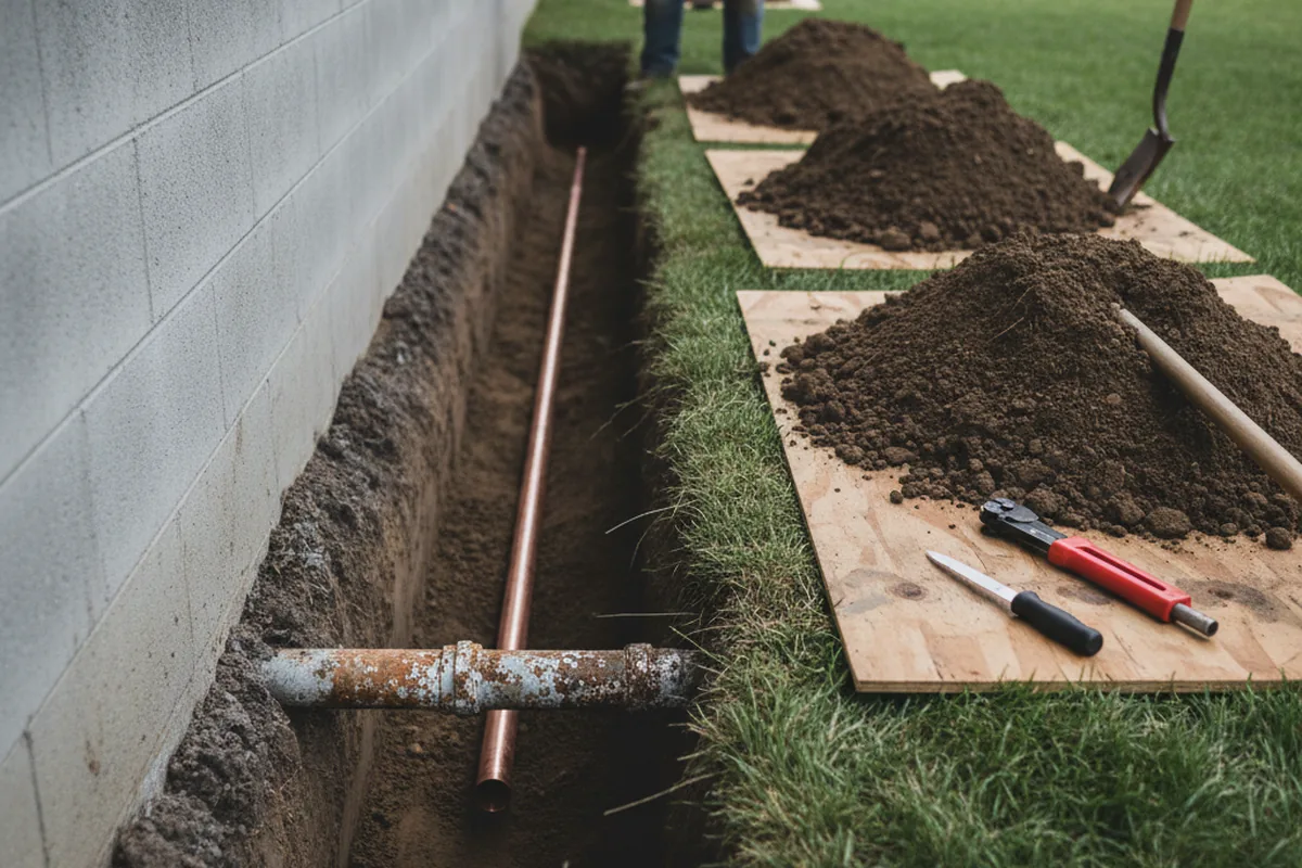 Excavated water line trench during Sewer Line Repair in Deltona